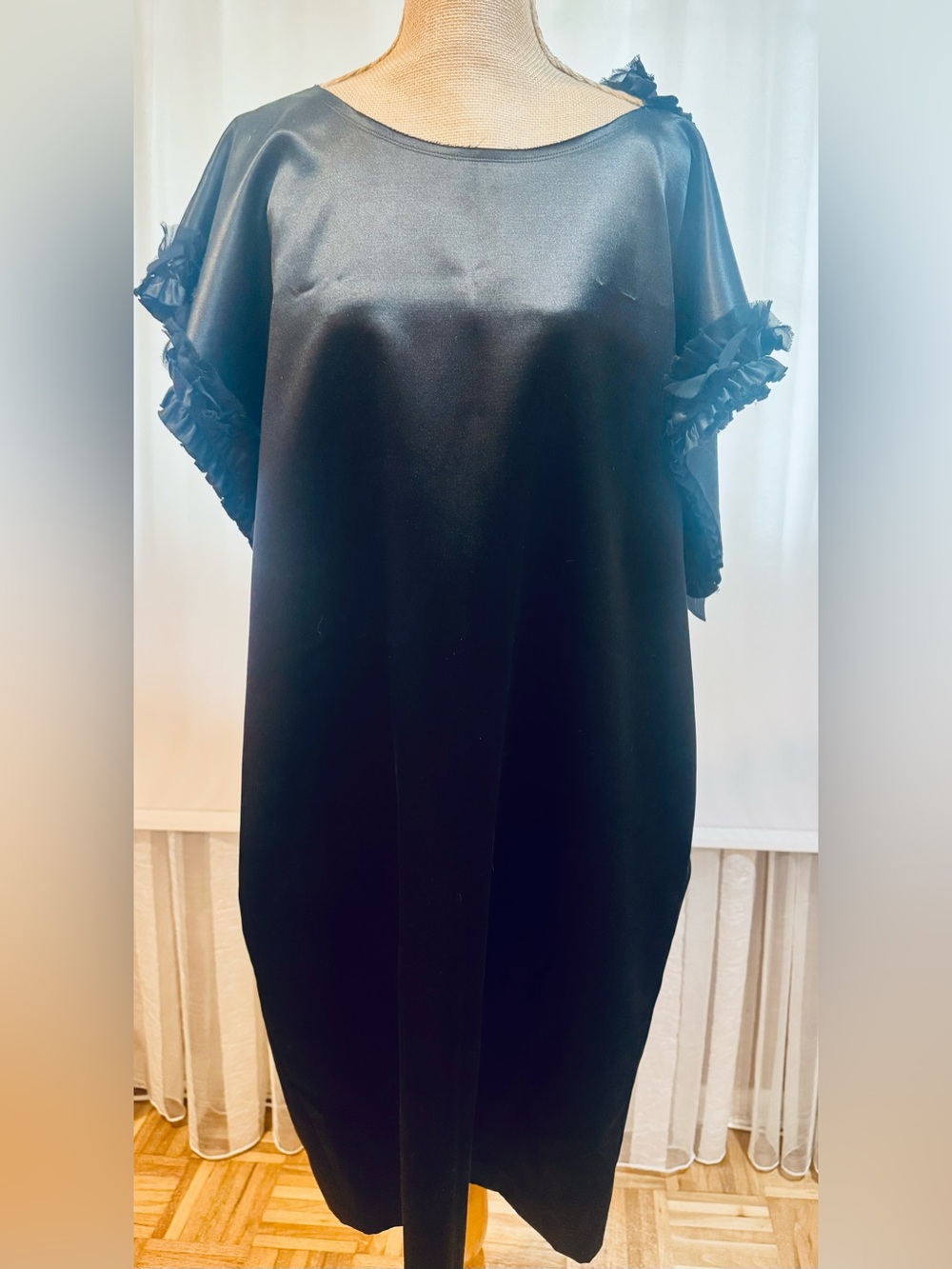 Comme des Garcons Black Satin Midi Dress with Ruffle Sleeves, Unique design,S